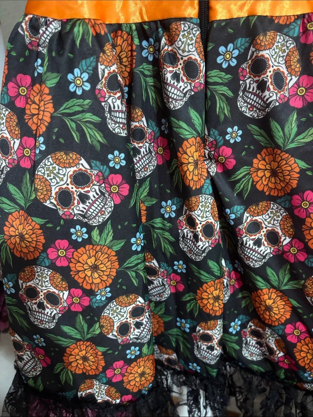 Leg Avenue Black Sugar Skull Floral Halloween Dress with Orange Accents